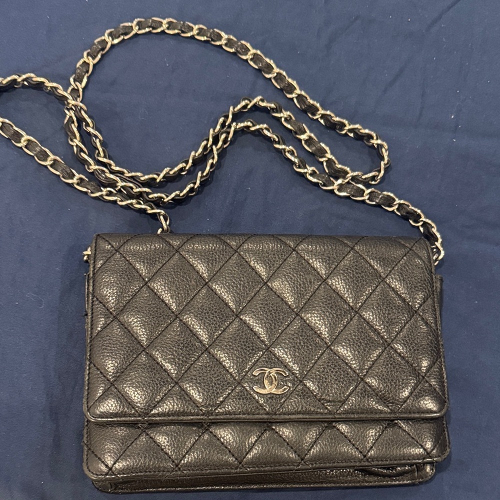 CHANEL Black Quilted Caviar Leather Crossbody with Gold Chain